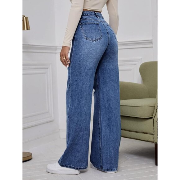 Women's High Waist Ripped Wide Leg Jeans Distressed Denim Pants - Picture 2 of 5